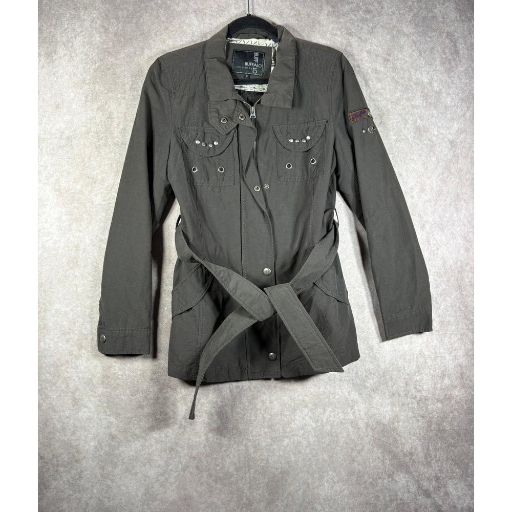 Buffalo Jacket Womens S Gray Utility Field Belted Studded Cargo Military Cotton